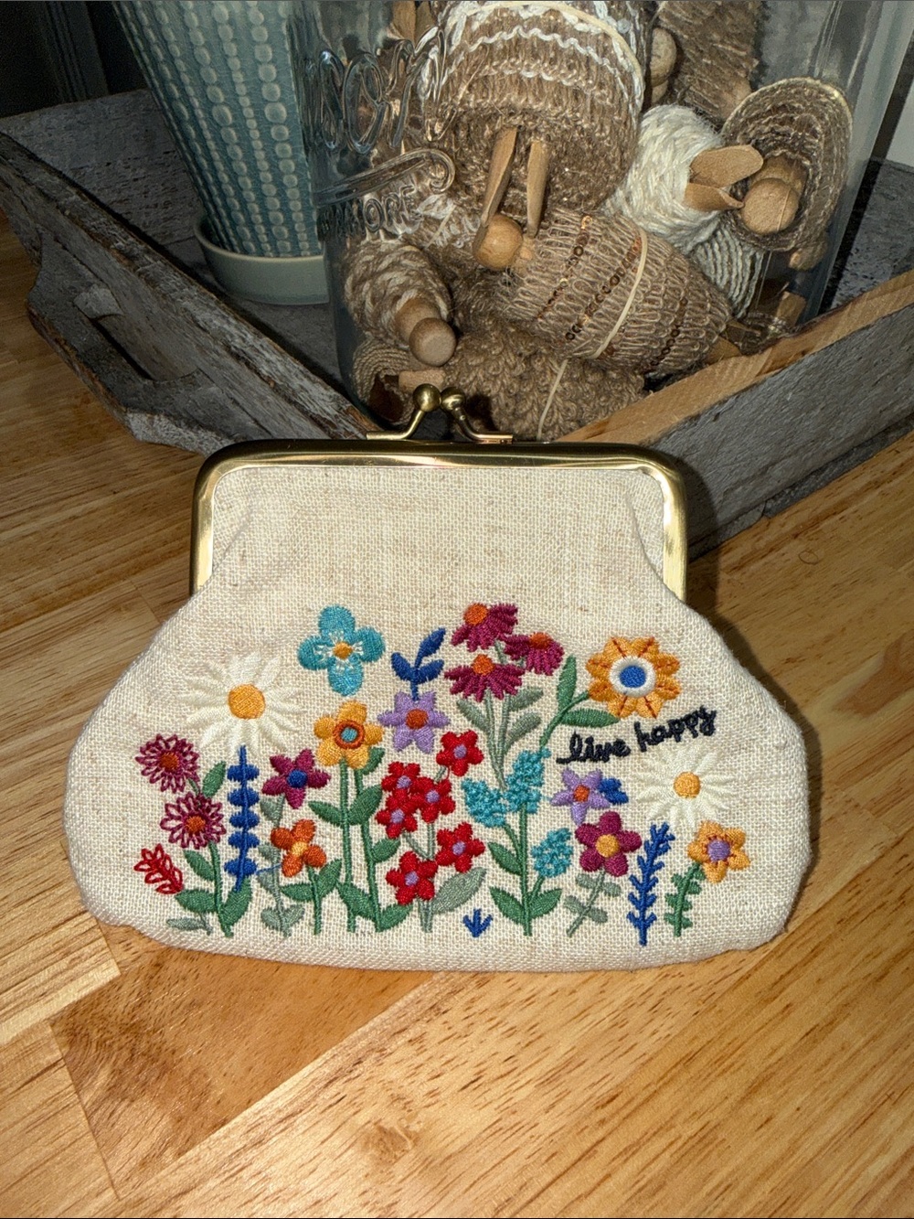 Natural Life Embroidered Floral Coin Purse - Cream